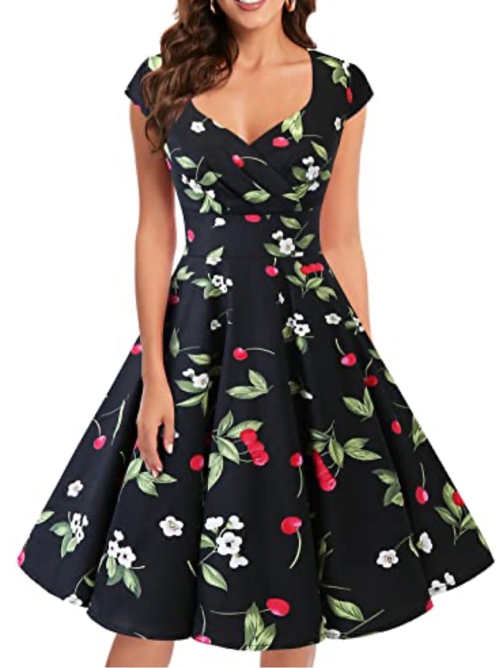 Retro Black Cherry-Print Midi Dress with Sweetheart Neckline
